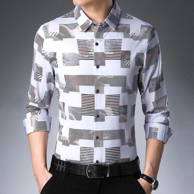 Casual Spring Luxury Plaid Long Sleeve Slim Fit Men Shirt - Streetwear Social Dress Shirts (TM1)(F8)(F10)