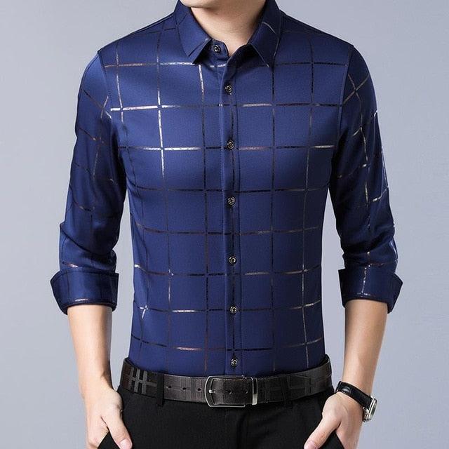Elegant Casual Spring Luxury Plaid Long Sleeve Slim Fit Men Shirt - Streetwear Social Dress Shirts (TM1)(T2G)(CC1)