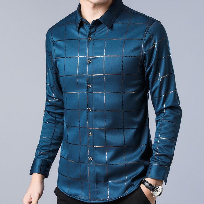 Elegant Casual Spring Luxury Plaid Long Sleeve Slim Fit Men Shirt - Streetwear Social Dress Shirts (TM1)(T2G)(CC1)