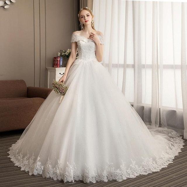 Luxury Lace Embroidery Boat Neck off Shoulder Wedding Dresses - Long Train Wedding Gown - Elegant Plus Size (WSO1)(F18)