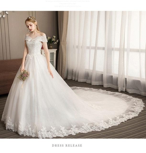 Luxury Lace Embroidery Boat Neck off Shoulder Wedding Dresses - Long Train Wedding Gown - Elegant Plus Size (WSO1)(F18)
