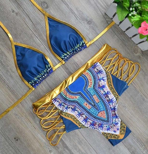 New African Print Two Pieces Bath Suits Bikini Set - Sexy Geometric Swimwear - Gold High Waist Swimming Suit (D26)(TB8D)