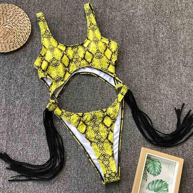 Trending New Sexy Leopard Swimwear - Tummy Cut Out One Piece Swimsuit - Female Tassel Bather Hollow Out Bathing Suit (TB8D)(F26)