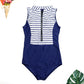 New White Blue Striped Swimwear - One Piece Swimsuit - Women Zipper Swimsuit - Sport Bodysuit - Beach Bathing Suit (TB8D)