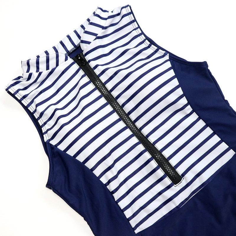 New White Blue Striped Swimwear - One Piece Swimsuit - Women Zipper Swimsuit - Sport Bodysuit - Beach Bathing Suit (TB8D)