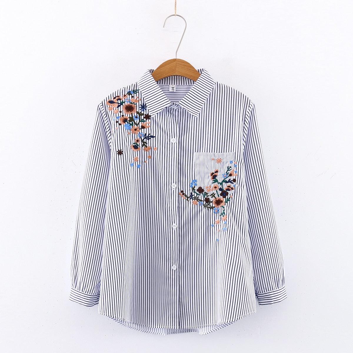 New Women Floral Embroidery Long Sleeve White Striped Shirt - Button Up Blouse - Turn Down Collar Tops (TB4)