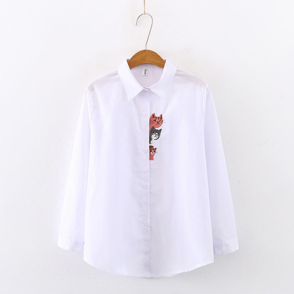 New Women Floral Embroidery Long Sleeve White Striped Shirt - Button Up Blouse - Turn Down Collar Tops (TB4)