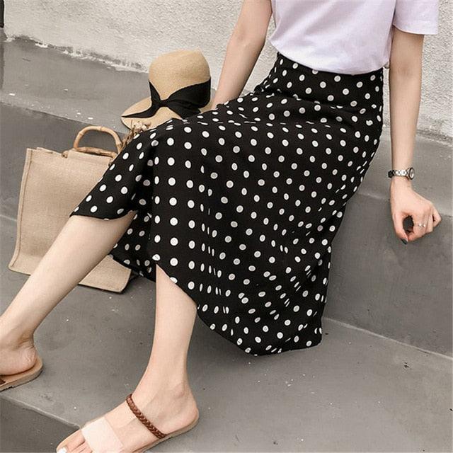 Trending Spring Chiffon Skirt - Women High Waist Midi Skirt - Summer Elegant Dot Print - Office Skirts (2U22)(2U20)