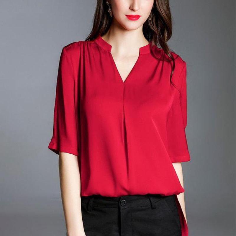 Spring Fashion Women's Blouse - Autumn Half sleeve Chiffon Shirt - V Neck Casual Blouse - Plus Size - M-5XL (TB1)