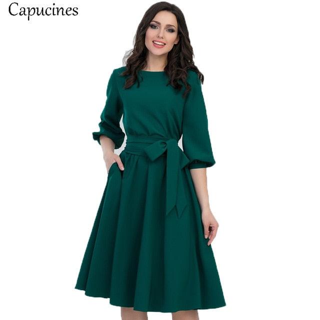 Gorgeous Summer Vintage Solid Sleeve A-Line Dress - Women Elegant O-Neck Half Sleeve Pocket Dress (WSO3)(WS06)(TP5)(F20)(F18)