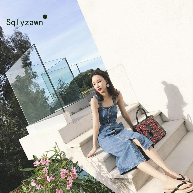 Cute Summer Women Single Breasted Denim Overalls Dress