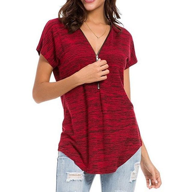 Cute Women Short Sleeve zipper Spring T shirts - Colored Cotton Ladies Deep V-Neck Feminine T Shirt - Summer Sexy Tops (TB2)(BT1)(F19)