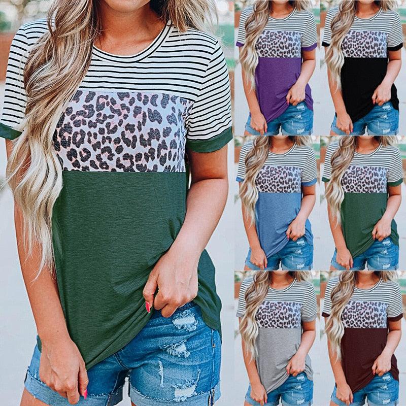 Gorgeous Women Summer O-Neck Short Sleeve T Shirts - Loose Sexy Leopard Stripe Lady Top - Plus Size (TB2)