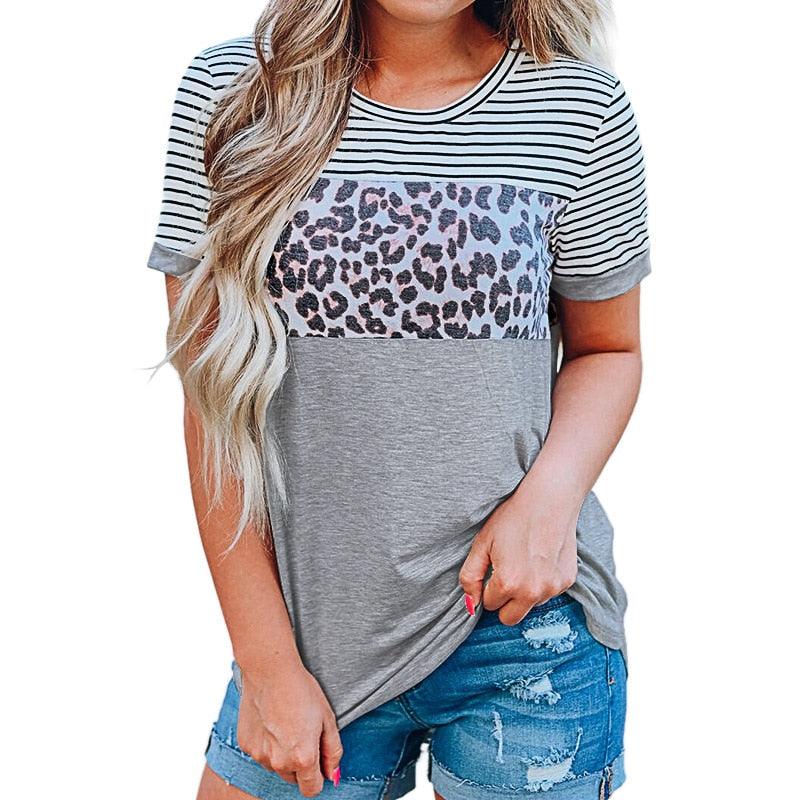 Gorgeous Women Summer O-Neck Short Sleeve T Shirts - Loose Sexy Leopard Stripe Lady Top - Plus Size (TB2)