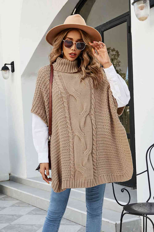 Cable-Knit Turtleneck Slit Sweater - Deals DejaVu