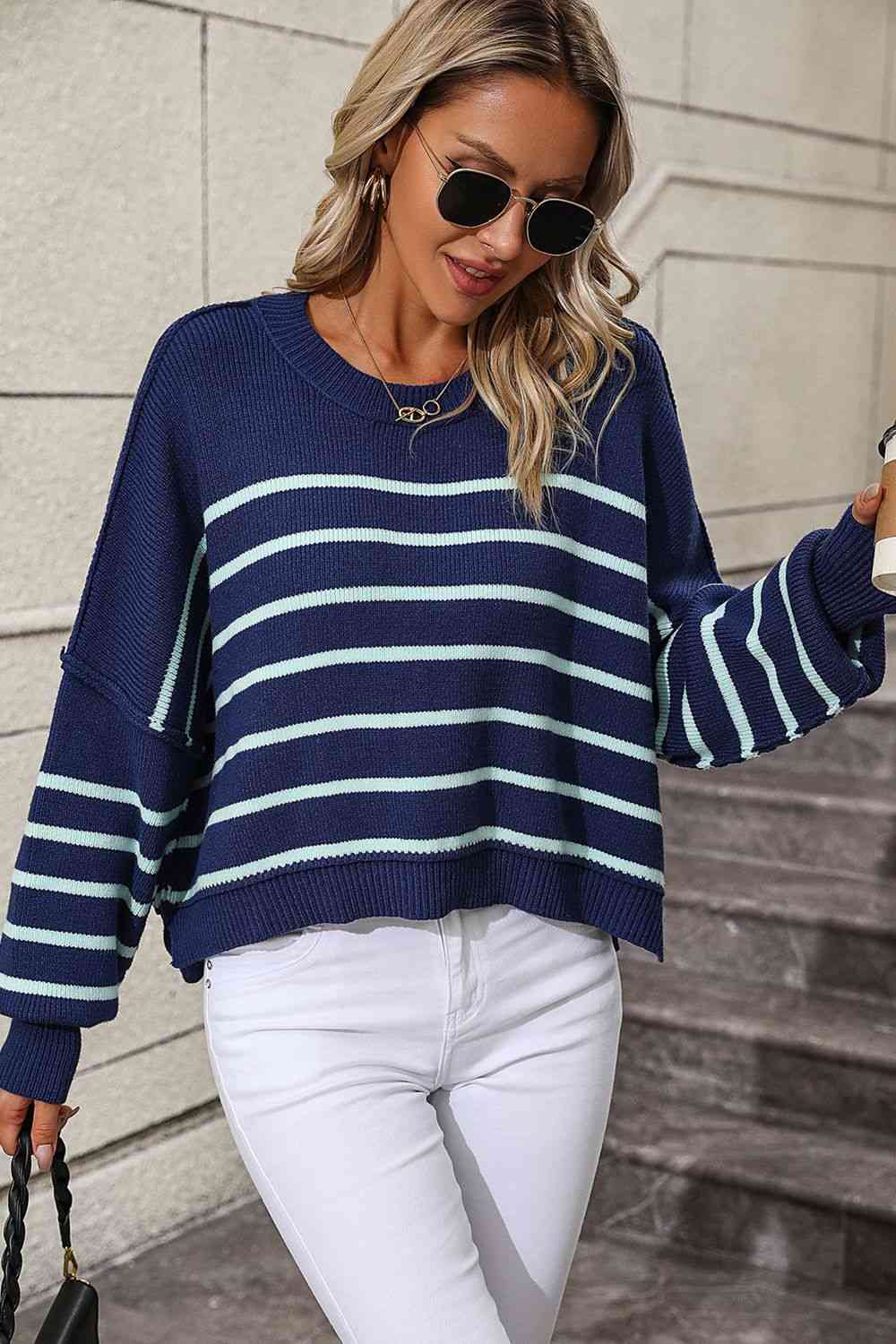 Striped Dropped Shoulder Round Neck Pullover Sweater - Deals DejaVu