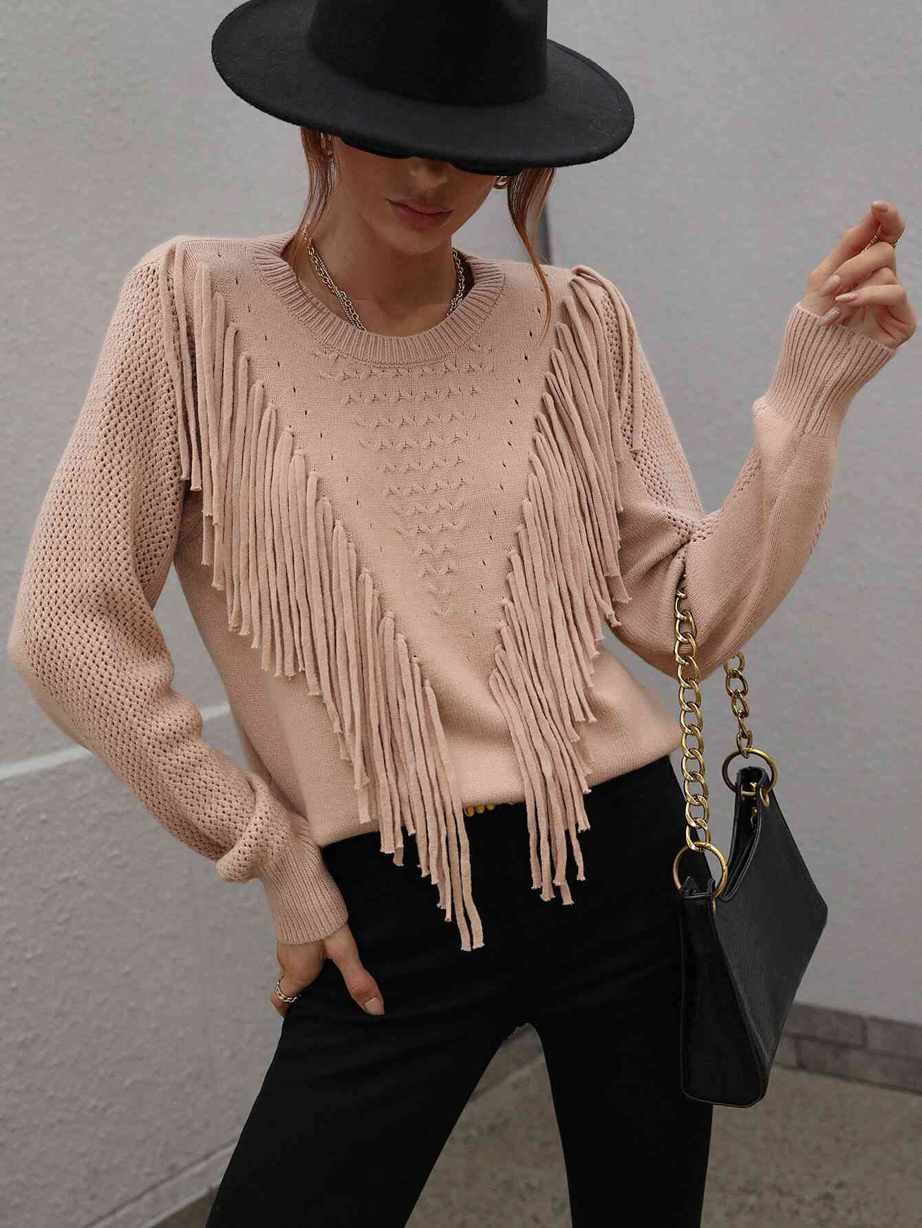 Double Take Fringe Detail Ribbed Trim Sweater - Deals DejaVu
