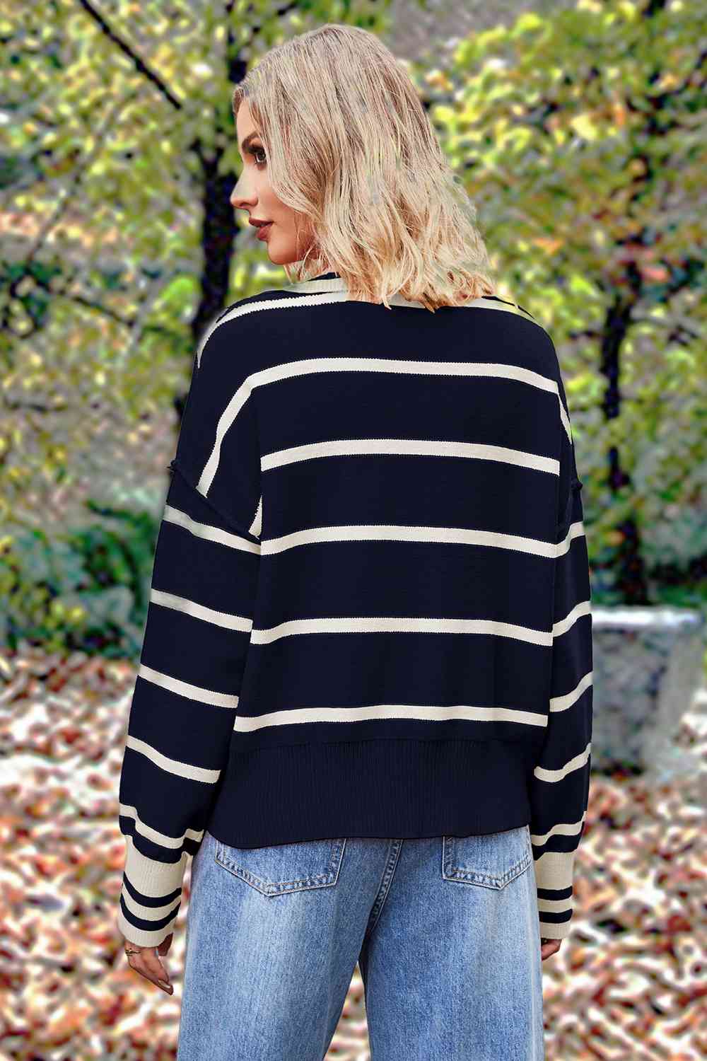 Striped Collared Long Sleeve Sweater - Deals DejaVu