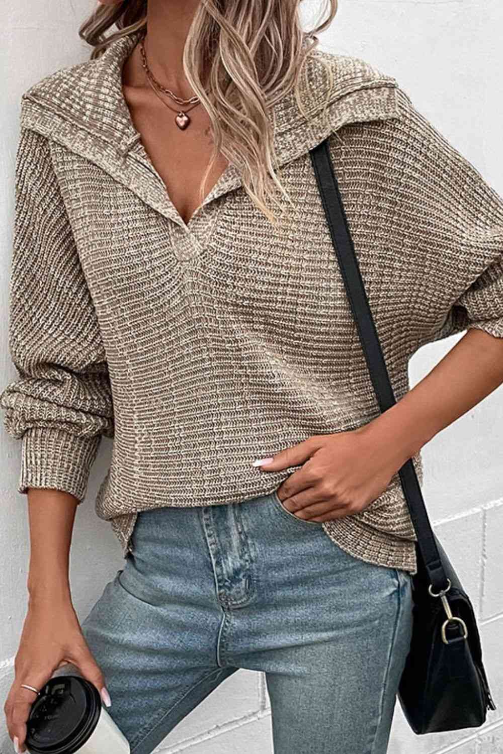 Heathered Horizontal-Ribbing Pullover Sweater - Deals DejaVu