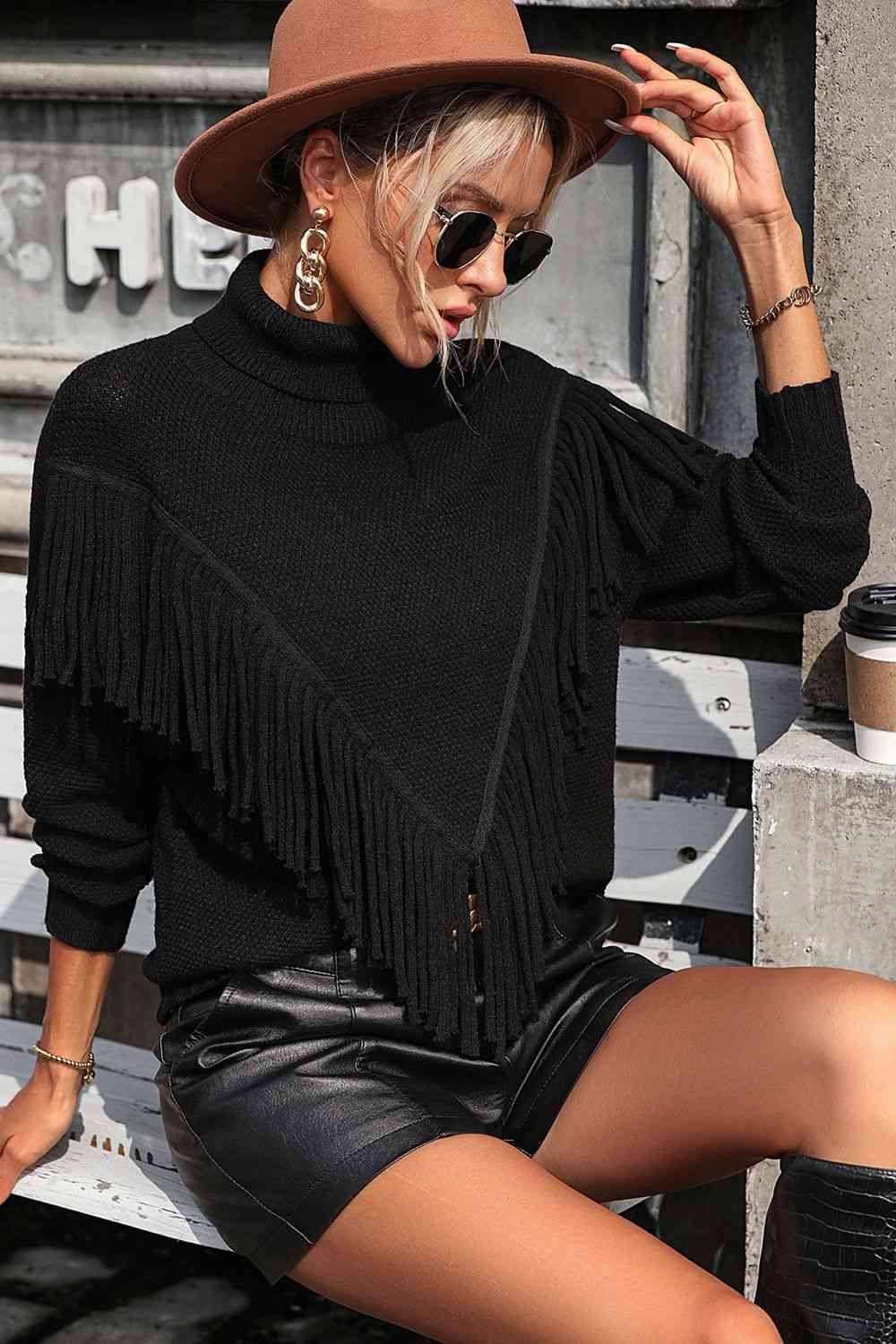 Turtle Neck Tassel Front Long Sleeve Pullover Sweater - Deals DejaVu