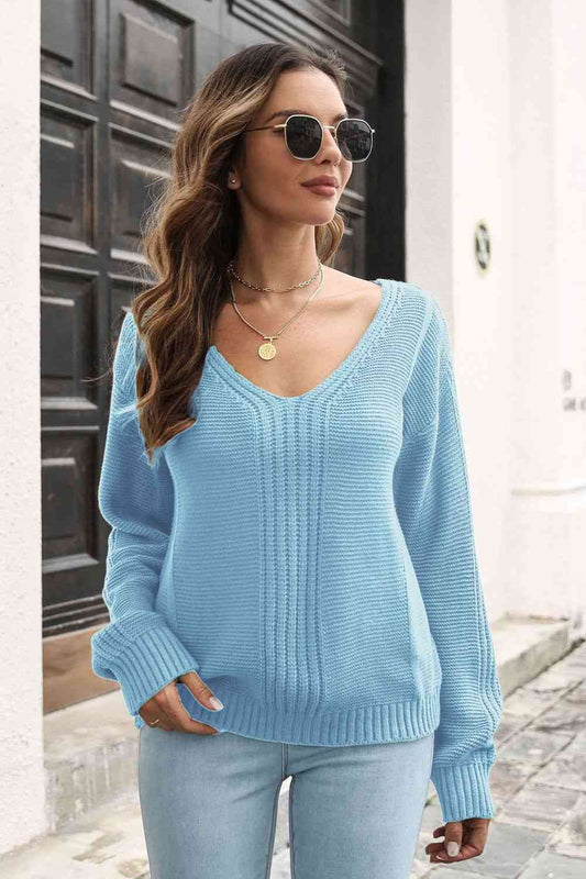 Ribbed Scoop Neck Long Sleeve Pullover Sweater - Deals DejaVu