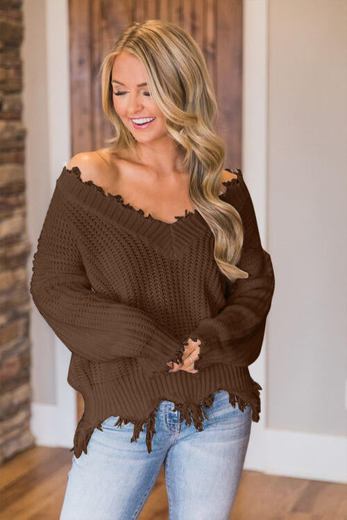 Frayed Hem Dropped Shoulder Sweater - Deals DejaVu