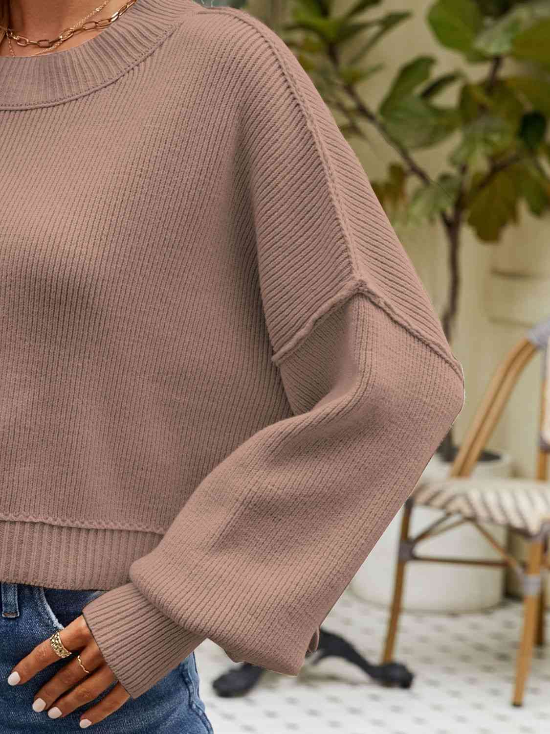 Round Neck Dropped Shoulder Sweater - Deals DejaVu