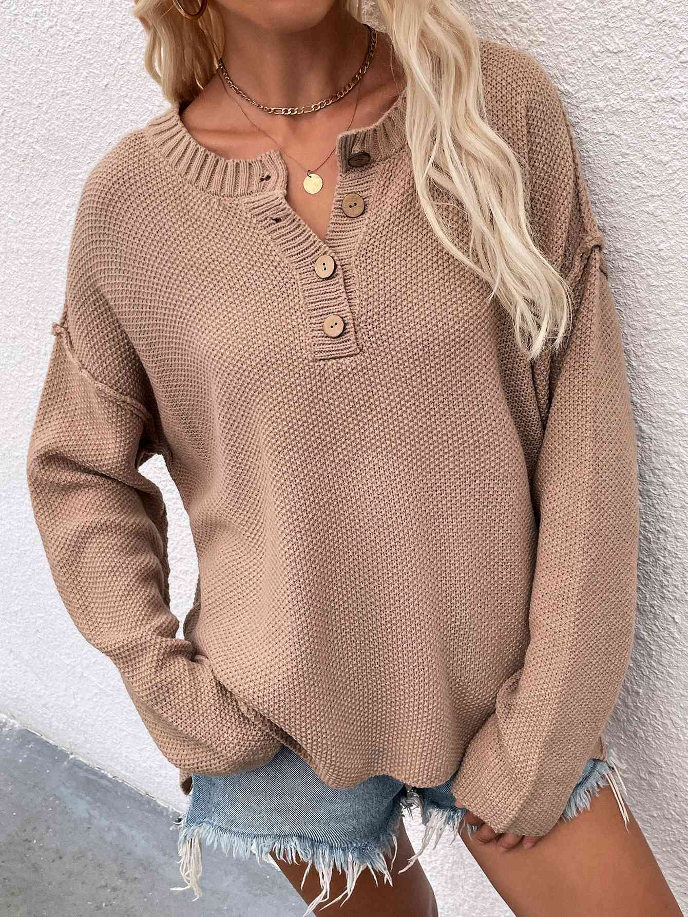 Buttoned Exposed Seam High-Low Sweater - Deals DejaVu