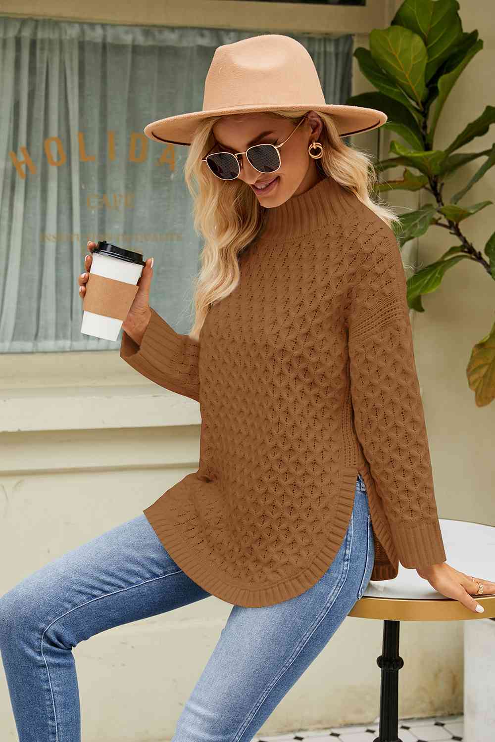 Slit Long Sleeve Mock Neck Sweater - Deals DejaVu