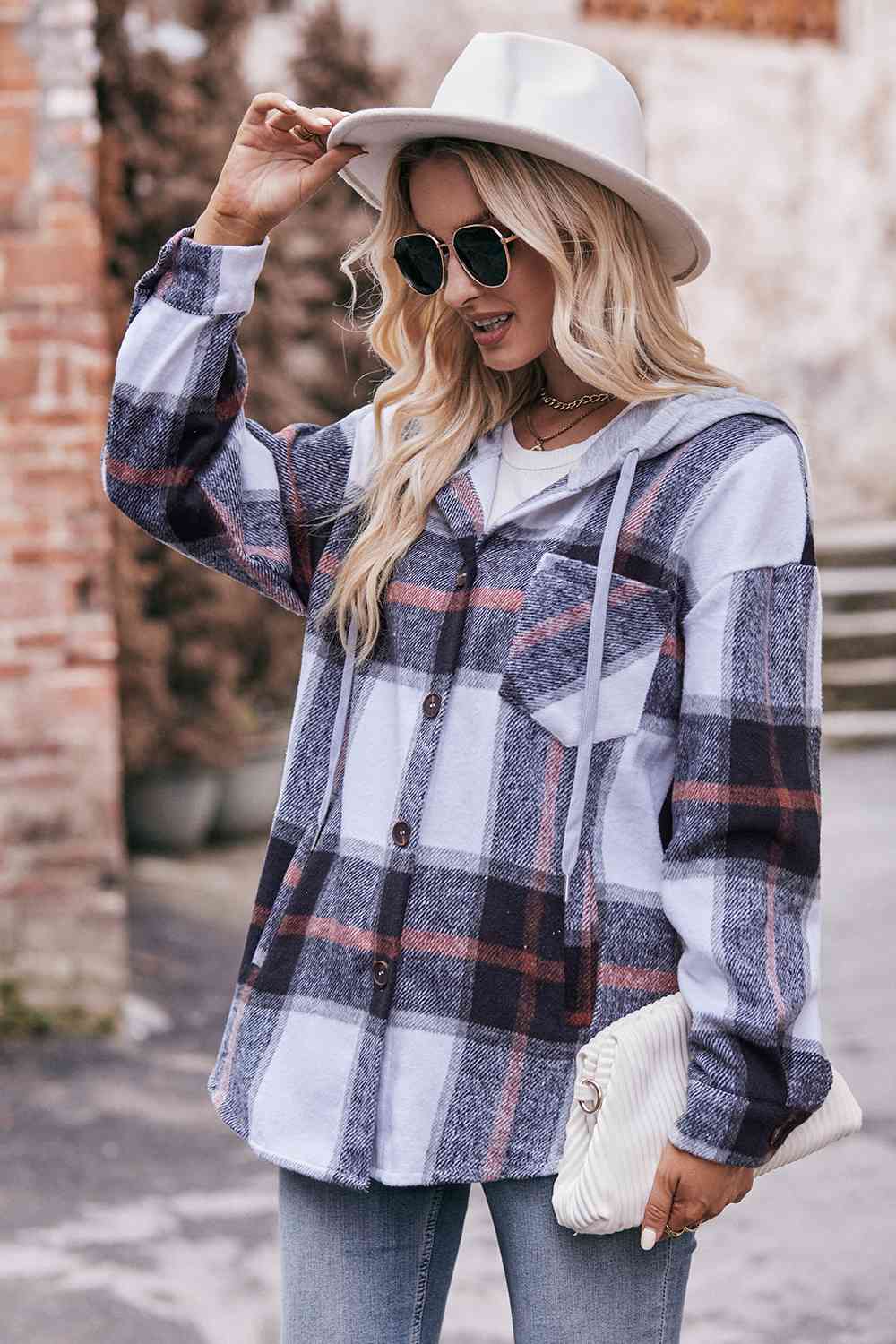 Plaid Dropped Shoulder Hooded Jacket (BFD) T - Deals DejaVu