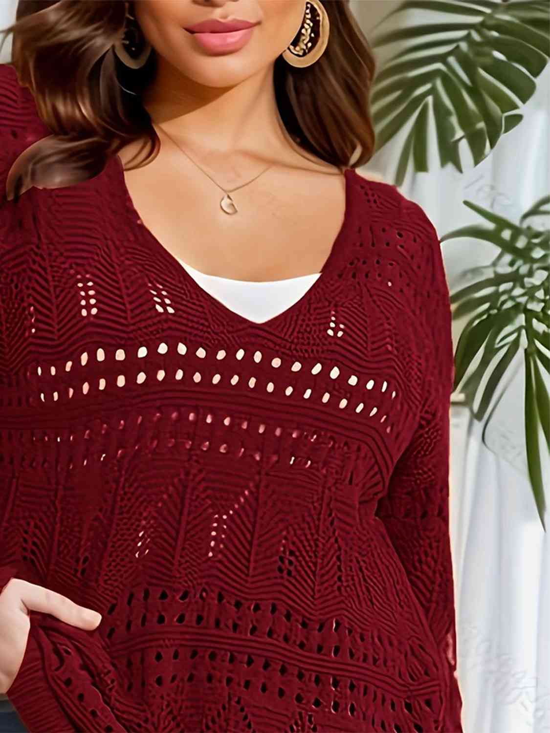 Plus Size Openwork Plunge Long Sleeve Sweater - Deals DejaVu