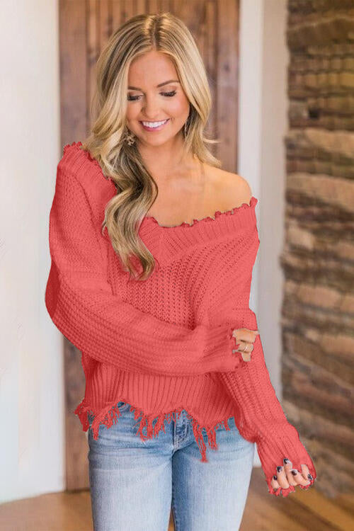 Frayed Hem Dropped Shoulder Sweater - Deals DejaVu