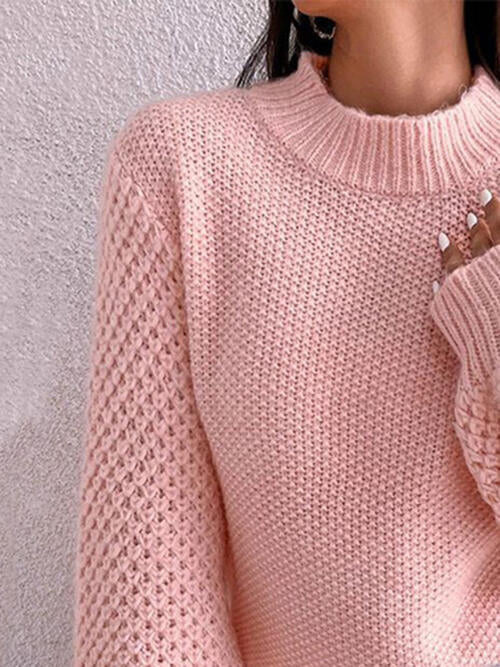 Openwork Mock Neck Long Sleeve Sweater - Deals DejaVu