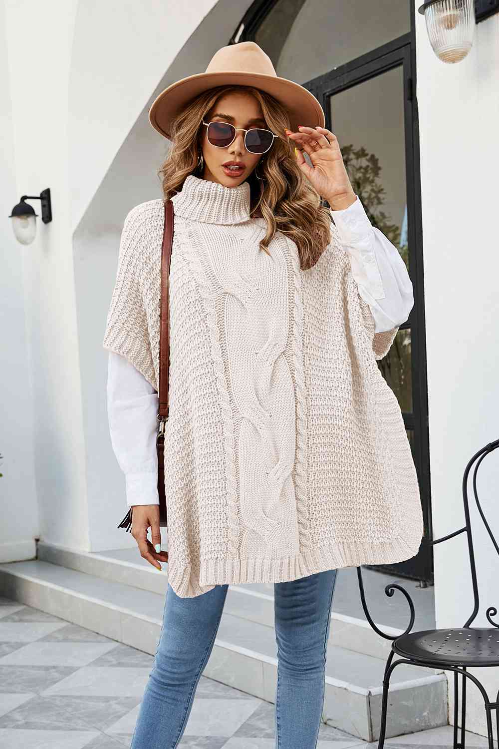 Cable-Knit Turtleneck Slit Sweater - Deals DejaVu