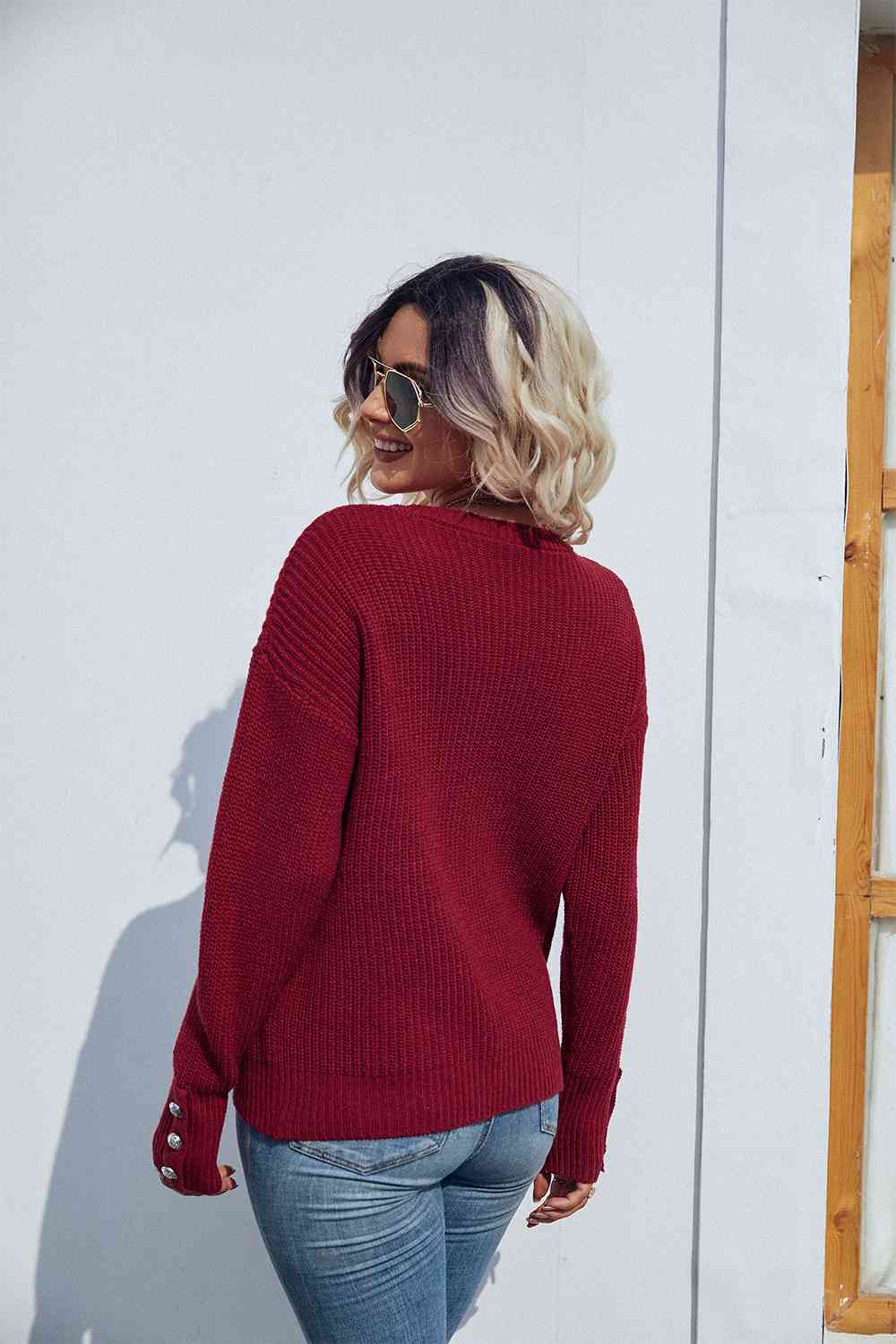 Round Neck Long Sleeve Waffle-Knit Sweater - Deals DejaVu