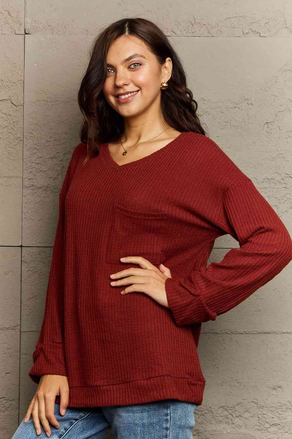 Ninexis Full Size V-Neck Long Sleeve Front Pocket Blouse - Deals DejaVu