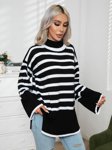 Striped Slit Turtleneck Drop Shoulder Sweater - Deals DejaVu