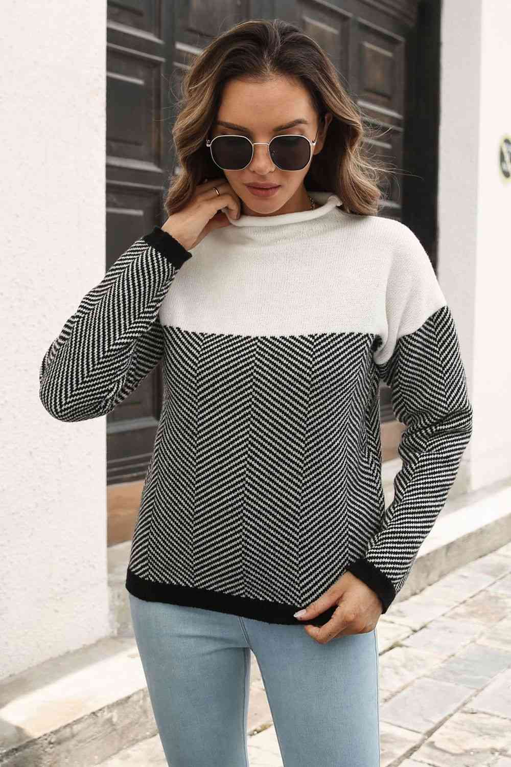 Two-Tone Mock Neck Dropped Shoulder Pullover Sweater - Deals DejaVu