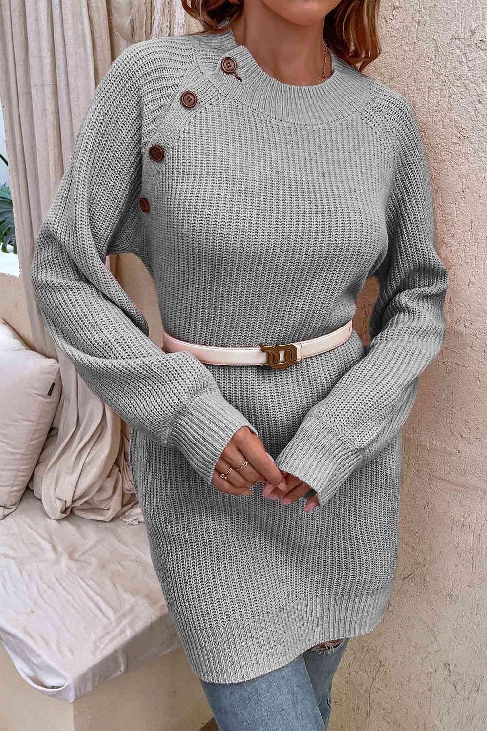 Round Neck Button Detail Ribbed Sweater - Deals DejaVu