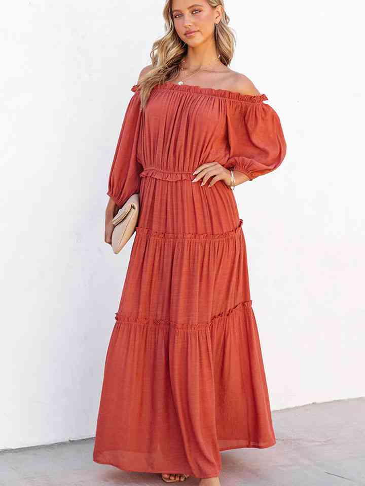 Ruffle Trim Off Shoulder Long Sleeve Maxi Dress (BWMT) T - Deals DejaVu