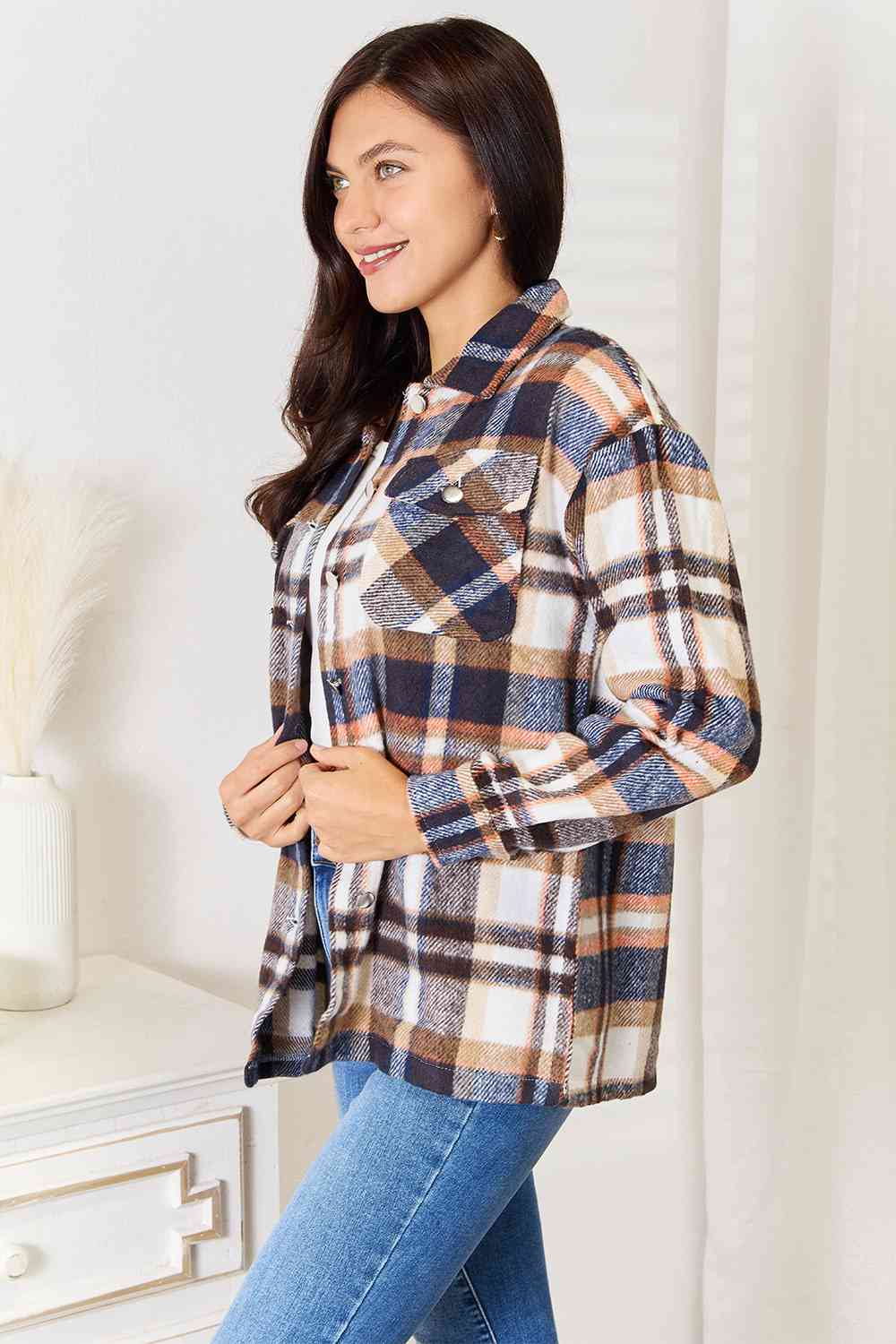 Double Take Plaid Button Front Shirt Jacket with Breast Pockets (BFD) T - Deals DejaVu