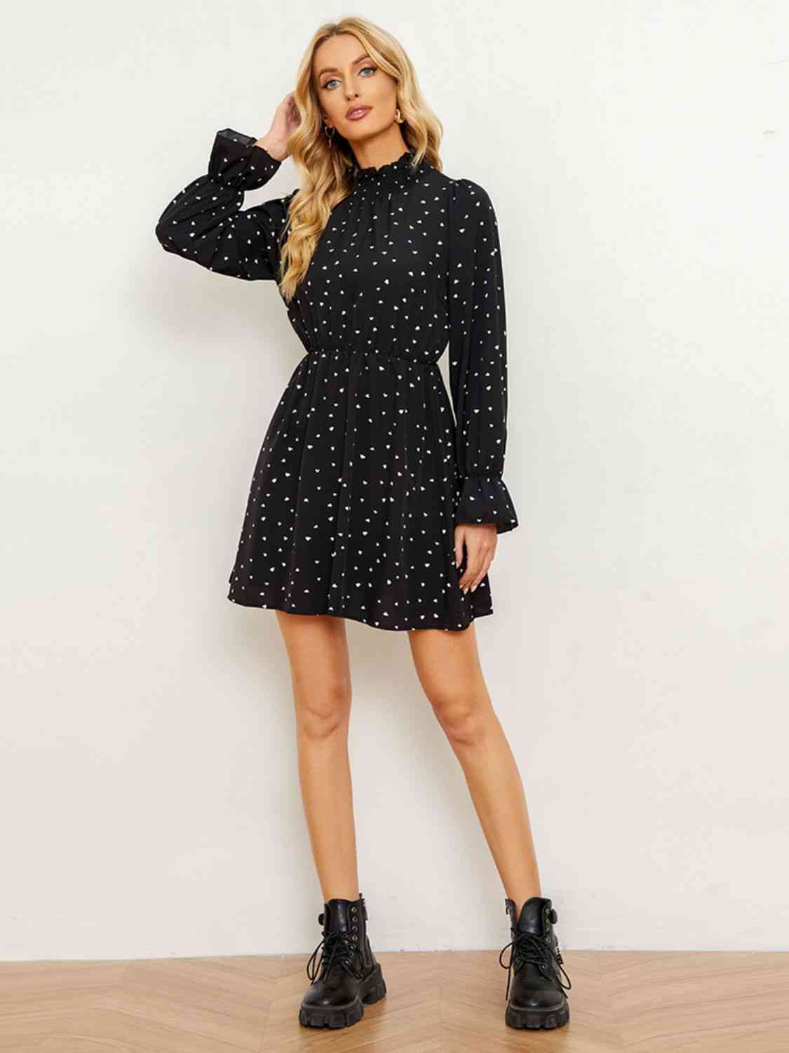 Printed Long Flounce Sleeve Frill Neck Dress (MWBT) T - Deals DejaVu