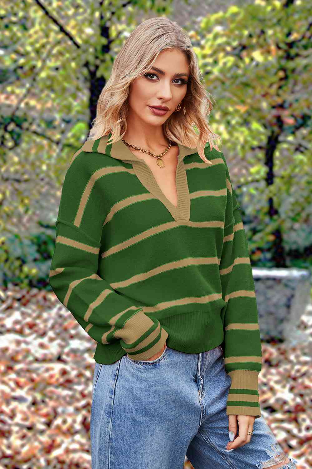 Striped Collared Long Sleeve Sweater - Deals DejaVu