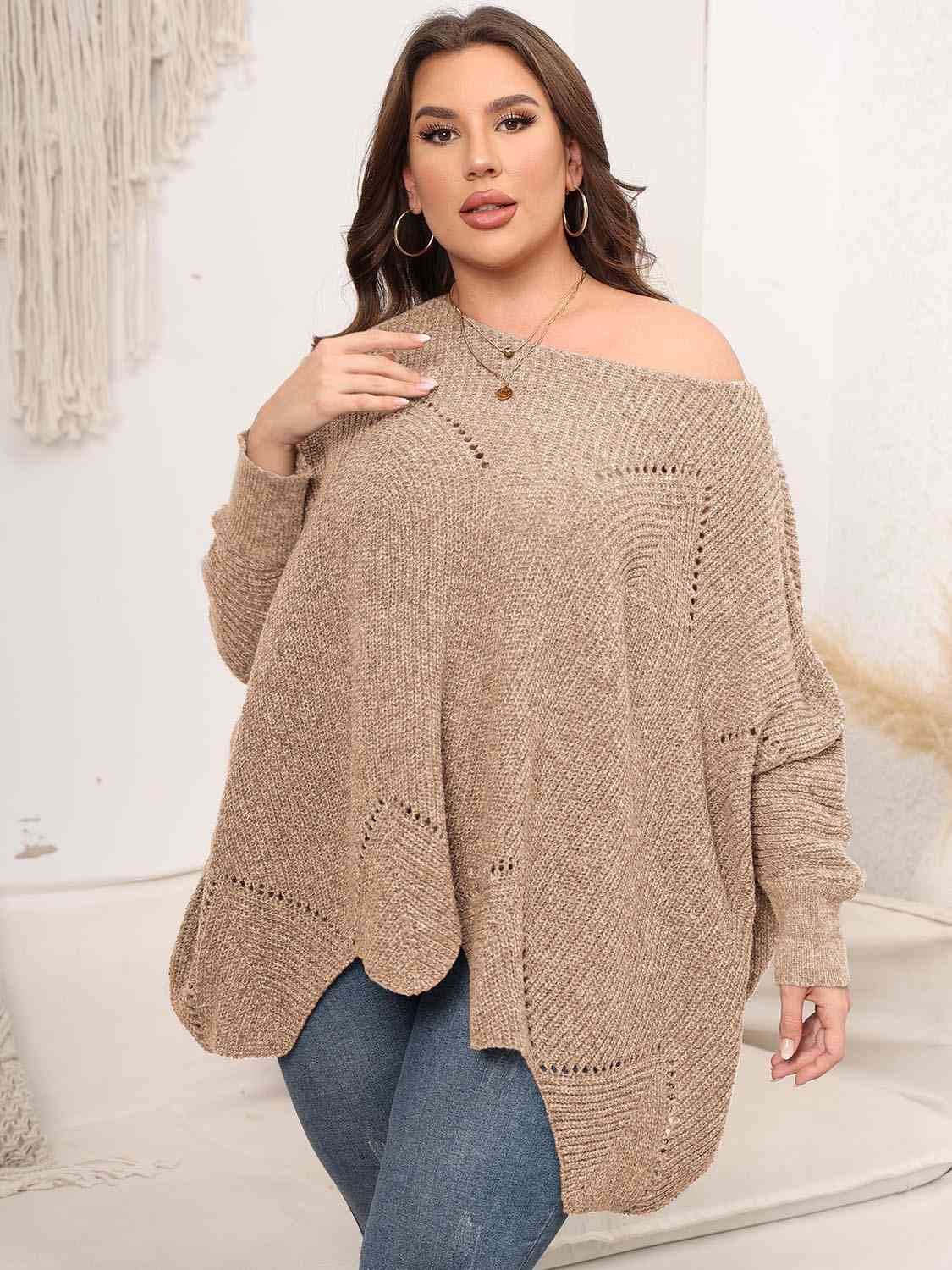 Plus Size Round Neck Batwing Sleeve Sweater - Deals DejaVu