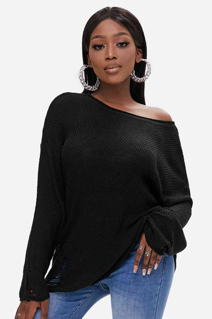 Round Neck Distressed Drop Shoulder Sweater - Deals DejaVu