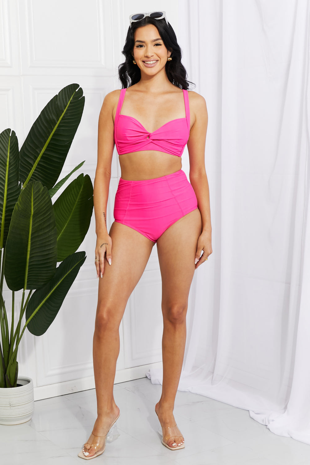 Marina West Swim Take A Dip Twist High-Rise Bikini in Pink (TB9D) T