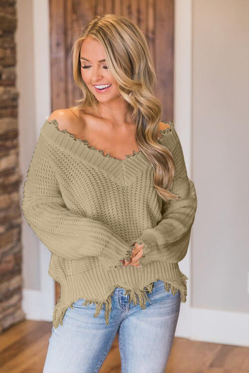 Frayed Hem Dropped Shoulder Sweater - Deals DejaVu