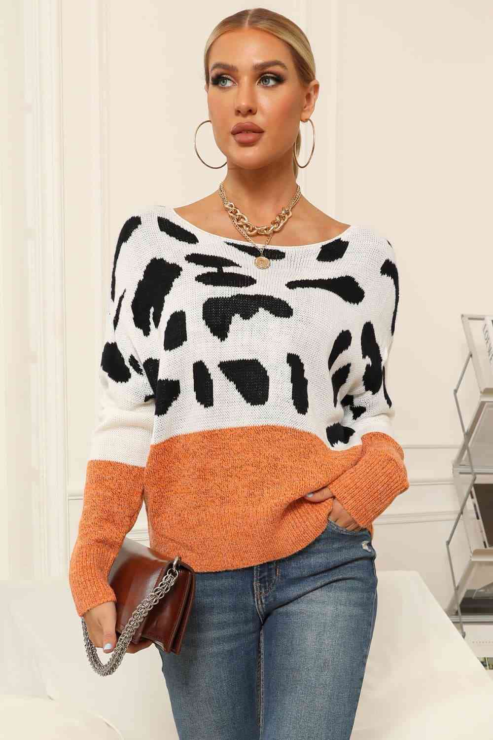 Full Size Two-Tone Boat Neck Sweater - Deals DejaVu