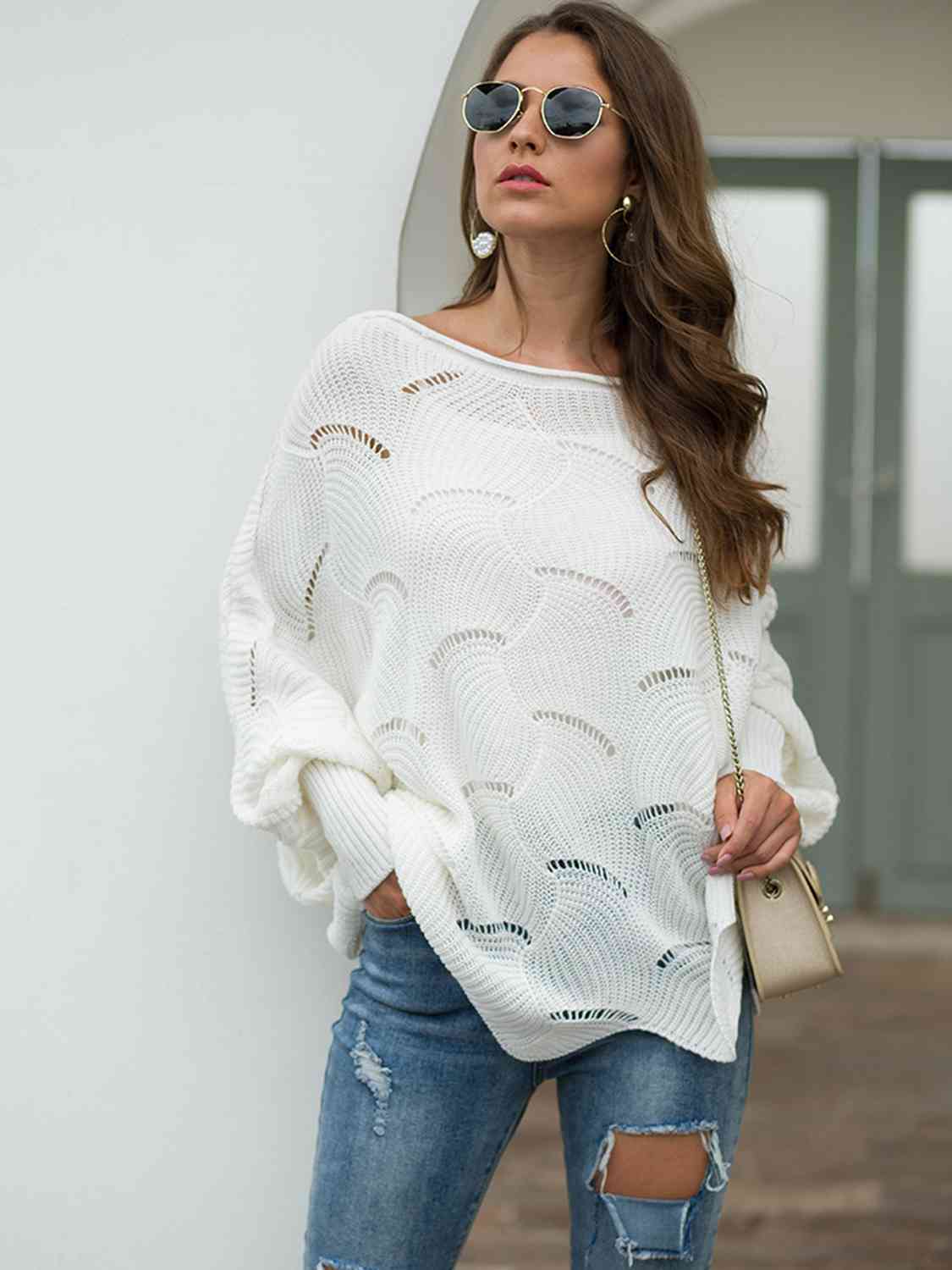 Full Size Boat Neck Lantern Sleeve Openwork Knit Top - Deals DejaVu