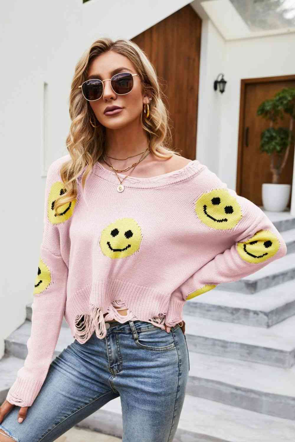 Smiley Face Distressed Round Neck Sweater - Deals DejaVu